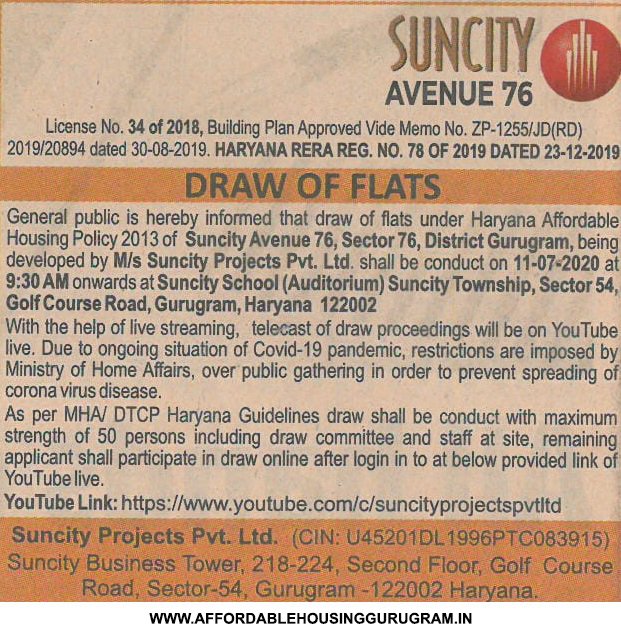 2nd Re-draw Date Suncity Avenue 76 Sector 76 Gurgaon