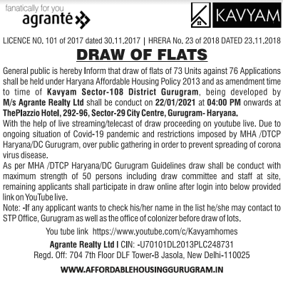 3rd Draw Date Kavyam Homes Sector 108 Gurgaon 22nd January 2021