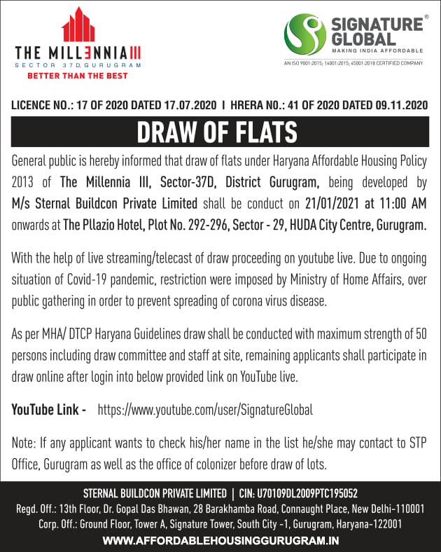 Draw Date Signature Global Millennia 3 Sector 37D Gurgaon 21st January 2021