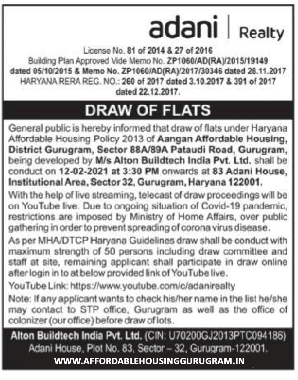 Draw Date Adani Aangan Phase 2 Sector 88A89A Gurgaon 12th February 2021