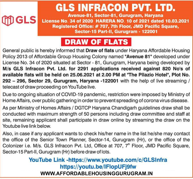 Draw Date GLS Avenue 81 Gurgaon 25th June 2021