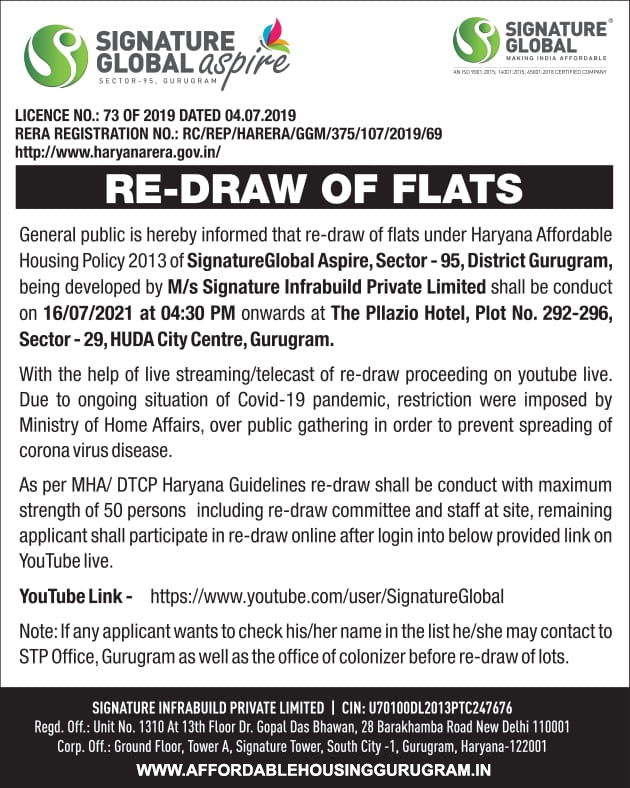 4th Re-Draw Date Signature Global Aspire Sector 95 Gurgaon 16th July 2021