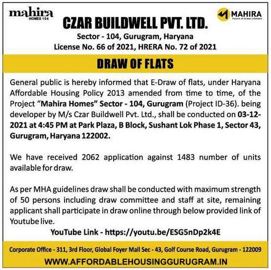 Draw Date Mahira Homes 104 Gurgaon 3rd December 2021